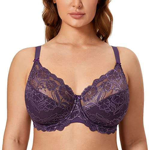 Delimira Women's Full Coverage Non-Foam Floral Lace Plus Size Underwired Bra Deep Plum 42HH