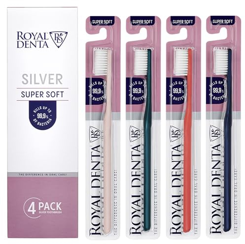 Royal Denta Silver Super Soft Zahnbürsten 4-Pack - Extra weiche Borsten für empfindliche Zähne & Zahnfleisch, Doppellänge Borsten für Interdentalreinigung, Silberpartikel gegen Bakterien, Mehrfarbig