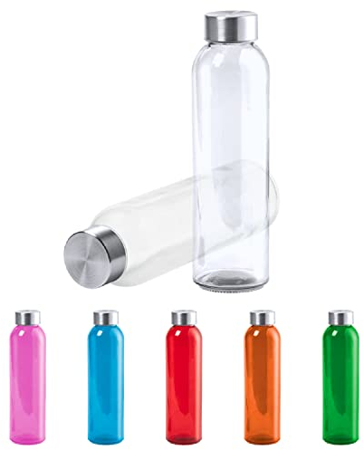 TIENDA EURASIA® Pack de 2 Botellas de Agua Transparente, 500 ml, Cuerpo de Cristal y Tapon a Rosca de Acero Inoxidable, Bidon para Camping, Gimnasio, Oficina, Botella Resistente, Color Transparente