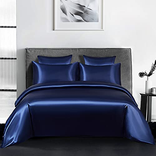 AShanlan Satin Bettwäsche Set 140x200 Blau Uni Einfarbig Deckenbezug 100% Glatt Angenehm Glanzsatin Polyester - 1 Bettbezug 140 x 200 + 1 Kissenbezug 70 x 90 cm