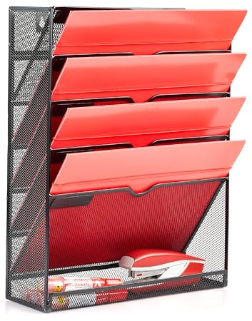 Ameco Wandhalterung für Zeitungen Flyer Briefpapier Dokumente 5 Fächer Elegante Ordnung Büro Zuhause Metallgitter Schwarz Maße 320x103x407 mm