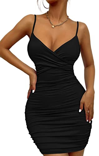 Zesoyne Womens Sexy Mini Bodycon Ruched Tank Dress Spaghetti Strap Vneck Party Short Wrap Cami Clubwear Outfit