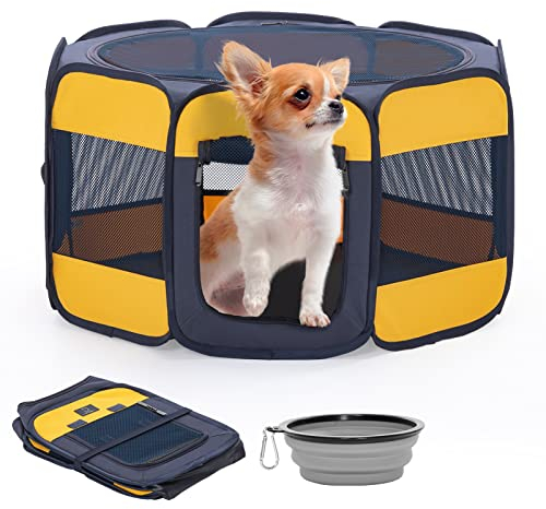 A 4 Pet Welpenauslauf Pop-Up Design, Welpenlaufstall faltbar für Hunde Katzen mit Reisverschluss Oben, für Wohnung, Outdoor, mit Klappbarem Napf,Gelbe,S