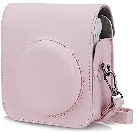 RISOU PU Leather Camera Case Compatible with Instax Mini 12 Instant Camera with Adjustable Strap and Pocket (Pink)