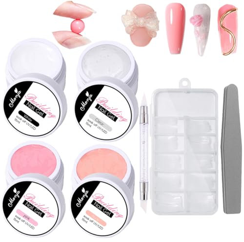 TEEROVA Solid Nail Extension Builder Gel Set, 4 Colors Non-Sticky Hand Nail Extension Solid Builder Gel with Nail Tools, Nail Art Hard Gel for Nails Sculpting Manicure 3D Modeling