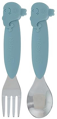 Nuby Animal Friends Silicone and Stainless Steel Fork and Spoon Set - 12+ Months - Blue Whale