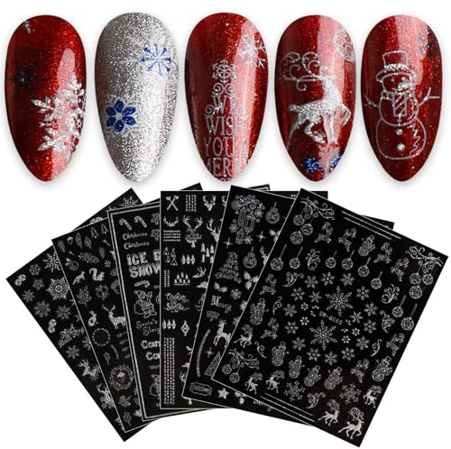 JMEOWIO 9 Sheets Christmas Glitter Nail Art Stickers Decals Self-Adhesive Snowflake Winter Holiday Silver Nail Supplies Nail Art Design Decoration Accessories