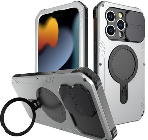 PuRoxx Metall Hülle für iPhone 15 Pro Max/15 Pro/15, Schieben Kameraschutz Handyhülle, Militärische Klasse 360° Ganzkörper-Schutzhülle mit Magnetständer,Silber,15ProMax