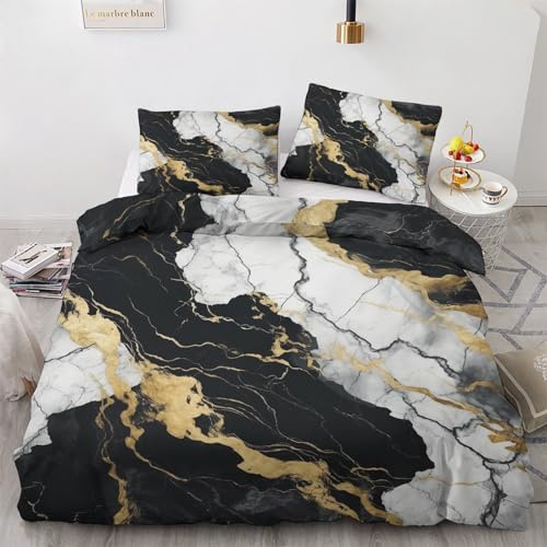 GEDAEUBA Winter Bettwäsche 200x200 Marmor - Schwarz Gold Bettbezug 200x200cm 3 teilig, Wendebettwäsche und Kissenbezug 80x80, Weiche & Angenehme & Warme Mikrofaser Bettwäsche-Sets mit Reißverschluss