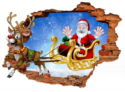 2-teilige 3d Zerbrochene Wand Elch Weihnachtsmann Wandaufkleber, Wohnzimmer, Kinderzimmer, Weihnachtsdekoration, Selbstklebende Papiertapete, 50 Bis 70cm