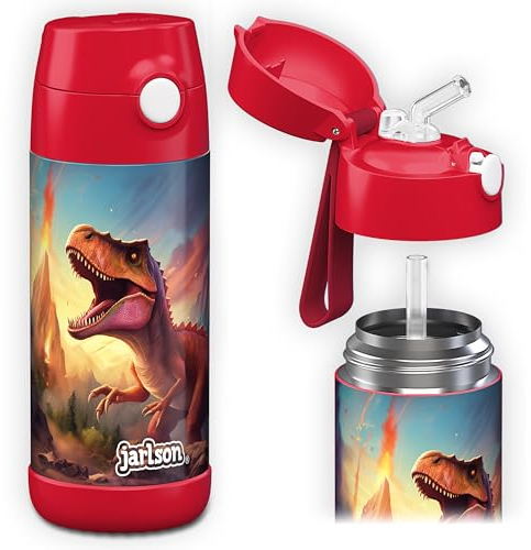 Jarlson® Trinkflasche Kinder Edelstahl CHARLI mit Strohhalm - Thermosflasche 350ml - TÜV geprüft - BPA frei - auslaufsicher - Thermo Wasserflasche für Schule, Kindergarten - Dinosaurier 2.0, 350 ml
