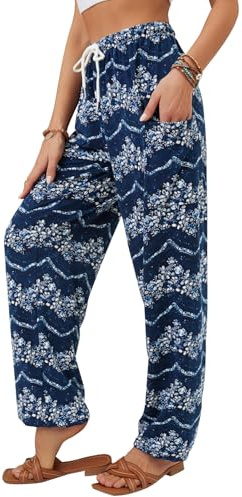 QIANXIZHAN Women's Harem Pants, Hippie Palazzo Pants Boho Joggers Yoga Clothes with Pockets, RoyalBlue Flower, M