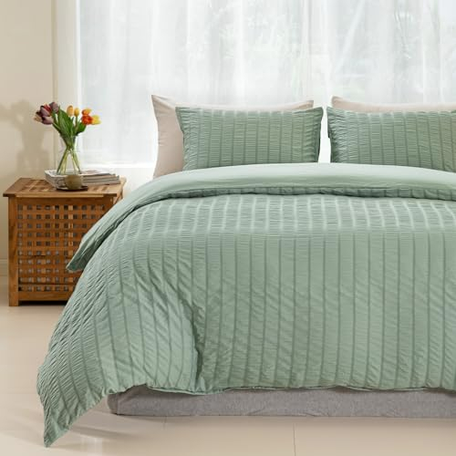 Tokokimo Seersucker Housse de Couette 240x220 cm, en Microfibre Douce avec Fermeture Éclair, 1 Parure de Lit 220x240cm + 2 Taies d'oreiller 65x65cm, Vert Sauge