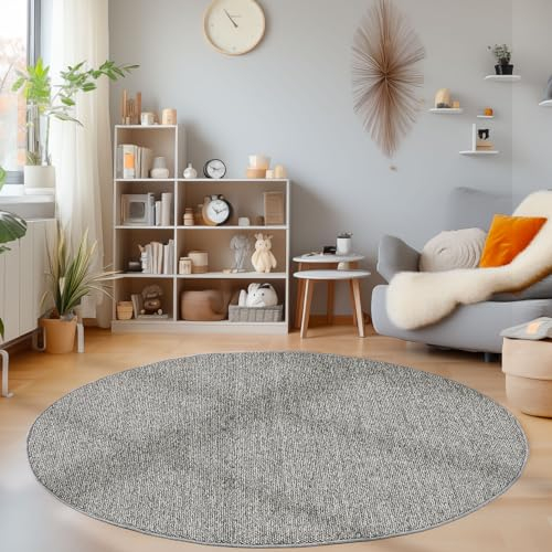 HomebyHome Langlebiger Teppich Cut-Loop Grau 160 cm Rund - Kurzflor Schlingenteppich für Wohnzimmer, Schlafzimmer, Küche - Dekorativer Melierter Struktur Moderner Schlingenflor