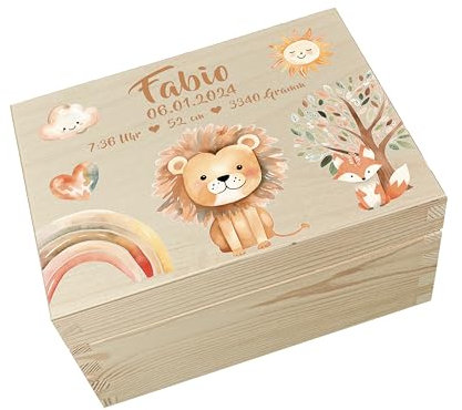 Personalisierte Erinnerungsbox Baby Boho mit Hochwertigem Farbdruck - Individuelle Baby Erinnerungsbox - Erinnerungskiste aus Holz - Geschenk zur Geburt… (Löwe)