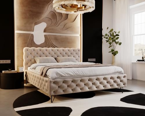 Emporius Polsterbett 180x200cm Laval - Glamour Bett mit Lattenrost, Kopfteil - Doppelbett Samt Schlafzimmerbett Chesterfield - Velvet (Beige - Paros 02)