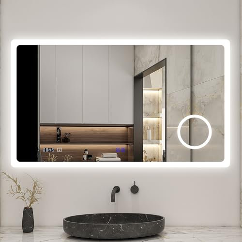 Biubiubath LED Wandspiegel 120x70cm Touchschalter Beschlagfrei Badspiegel mit Beleuchtung Bluetooth Uhr 3X Schminkspiegel 3 Lichtfarbe 3000-6500K Dimmbar IP44