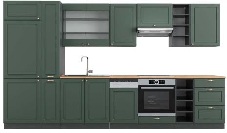 Vicco Küchenzeile Fame-Line, Grün-Gold Landhaus/Anthrazit, 355 cm | 12 Module · Höhenverstellbare Füße · AP Eiche inkl. · MDF-Fronten · Softclose · Metallgriffe