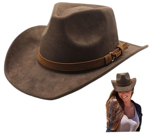 Jeorywoet Cowboyhut, breiter Krempe Western Hut, brauner Cowboyhut mit Gürtelschnalle, Cowgirl -Outback -Hut, Wildleder Cowgirl Hut für Männer Frauen Dress -up Party