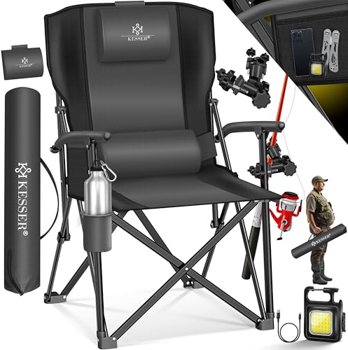 KESSER® Campingstuhl faltbar bis 160 kg | Angelstuhl Faltstuhl Klappstuhl Gepolstert mit Armlehnen | Campinglicht und Getränkehalter + Tasche mit hoher Rückenlehne | Strandstuhl mit Angelhalterung