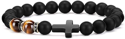 APMGONT Kreuz Armband Herren, Tigerauge Armband, Naturstein-Perlenarmband, Christliche Konfirmation Kommunion Ostern Geburtstag Geschenke, Schmuck Geschenke Für Männer (Gelb)