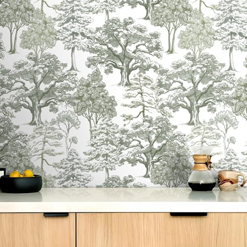 Livelynine Self Adhesive Wallpaper Grey Green Toile de Jouy Stick on Wallpaper Murals with Trees for Bedroom Living Room Feature Wall Paper Patterned Vinyl Wrap for Kitchen Cupboards Jungle 44.5CMx2M