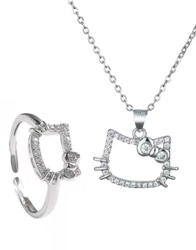 KGDUYC 1 Stück Sterling Silber Diamant Katze Halskette, Sterling Silber niedlich Cubic Zirkonia Bogen Kätzchen Anhänger Funny Cartoon Tier Halskette Schmuck Geschenke Damen Teenager Mädchen
