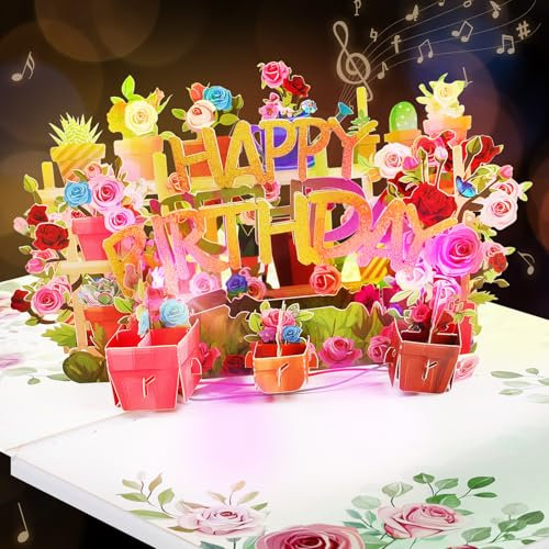 GREETING ART Geburtstagskarte mit Lichtern und Musik, Geburtstagskarte Pop Up, Blumenkarten, Happy Birthday Geschenke für Frau, Mann, Beste Freundin, Kinder