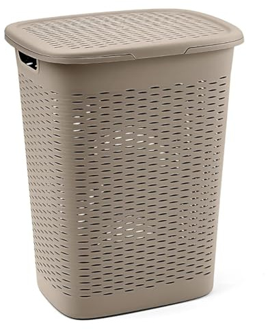 Tomaino - Wäschekorb aus Kunststoff - Behälter für Schmutzwäsche im Badezimmer - Korb für Kleidung und schmutzige Wäsche mit platzsparendem Deckel 47 Liter (Taupe)