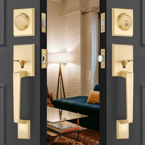 Gold Double Door Handle Set, Front Door Lock Set with Deadbolt, Front Door Handle for Exterior Door, Keyed Entry Door Lever, Left & Right Doors Reversible, Front Door Hardware, Satin Brass Finish