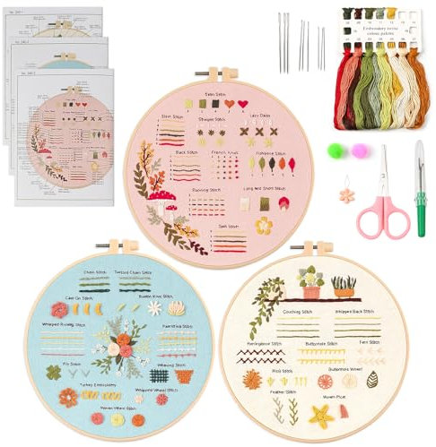 QEEYON 3 Stickset für Anfänger, Stickerei Set Anfänger zum Erlernen von 30 Verschiedenen Stichen, Sticken Set Erwachsene, Inklusive Stoff mit Aufdrucken, Fäden, Nadeln, Rahmen und Tutorials