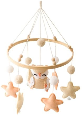 Babybett Mobile Baby Holz mit Filzbällen, Eule und Stern Baby Mobile Windspiel, Bettglocke Anhänger für Babybett, Kinderzimmer Deko, Geschenk für Baby Mädchen oder Jungen (Beige)