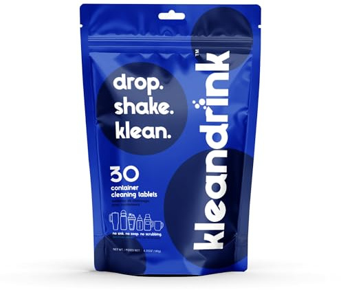 Kleandrink 30 Cleaning Tablets – NSF Certified Safe, Eco-Friendly, Clean Stainless Steel, Tumbler, Insulated, Plastic and Reusable Water Bottles, Protein Shaker – Remove Odors and Stains, No Scrubbing