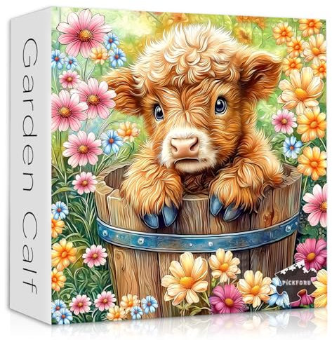 PICKFORU Highland Cow Puzzles für Erwachsene, 1000 Teile, niedliche Kuh-Tierblumen-Puzzles für Erwachsene, 1000 Teile, buntes Blumengarten-Puzzles, Naturpflanzen-Puzzles für Erwachsene