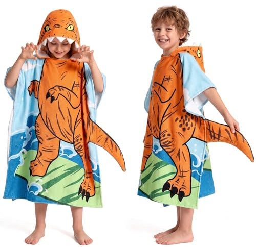 OLAOLA Kinder Poncho Handtuch mit Kapuze, Strand Umkleidemantel, Saugfähige Badetücher, Schwimmtuch für Jungen und Mädchen von 3–12 Jahren, Großer Dinosaurier