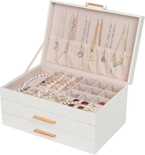 Dajasan Portagioie Donna da Camera, Porta Gioielli da Comodino, Portagioielli Grande a 3 Livelli con 2 Cassetti, Organizer Gioielli Elegante per Collane, Orecchini e Braccialetti, Idea Regalo