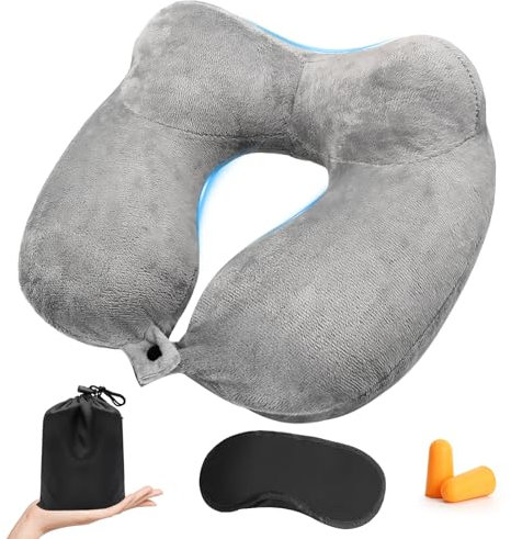 SUPRBIRD Nackenkissen Flugzeug Aufblasbar, Reise Nackenkissen Aufblasbar Flugzeug, Reisekissen Aufblasbar mit Schlafmaske/Ohrstöpsel, Weichem Samt Ergonomisch Leichtes Nackenhörnchen für Reise (grau)