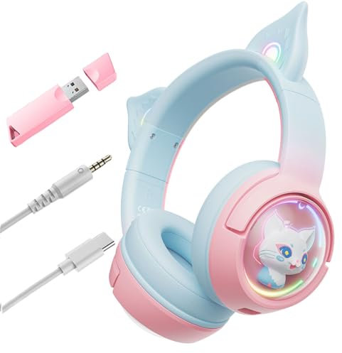 Bluetooth Cat Ear Wireless Headphones, Cat Ear Gaming Headset with Microphone Headset Pink with RGB LED Light 2.4GHz Wireless 3.5 mm Wired Headphones with Cat Ears HD Stereo Sound for PC TV Tablet
