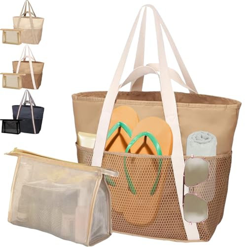 AUNGKWANG 2 Stück Mesh Strandtasche XXL Familie, Badetasche Damen, Große Wasserdichte Strandtasche Damen mit Kleine Badetasche, Beach Bag für Strand, Urlaub, Pool, Reisen Einkaufen und Alltag, Braun