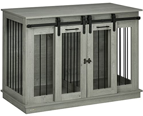 PawHut Hundekäfig Möbel mit Zweiraum-Option, 2 Türen Moderne Metall Hundebox für Zuhause Indoor Hundehütte für große Hunde bis zu 30 kg Hundehaus 120 x 60 x 88,5 cm Grau