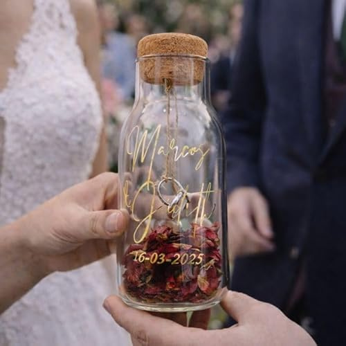 Nomart Porta Alianzas Bote Personalizado, Botella para Llevar Anillos de Boda, con Pétalos de Rosa Secos Naturales y Cuerda para Colgar los Anillos de Boda