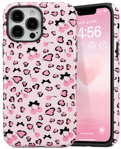 DEFBSC for iPhone 15 Pro Max Case Cute Hybrid, Tiny/Glossy | Pink Bow Cherry Heart Print,Aesthetic Trendy Pattern for Women Girls,Slim Durable Bumper Shockproof Hard Back Phone Cover