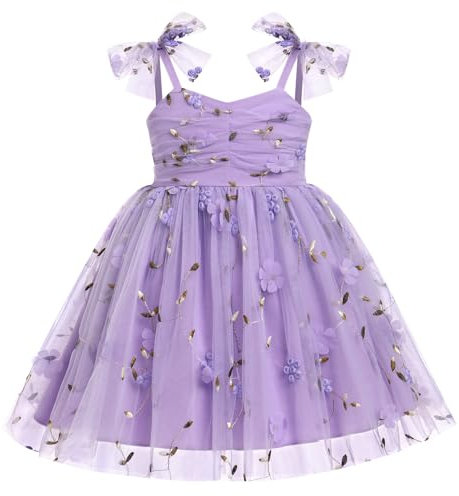 IDOPIP Robe Bébé Enfant Fille l'été Noeud D'étrave Bretelles Fines Tulle Le plissé Broderie Florale 3D Fleurs Sequins étoiles Points Colorés Fête d'anniversaire Vacances Princesse Violet Jaune 2-3Y