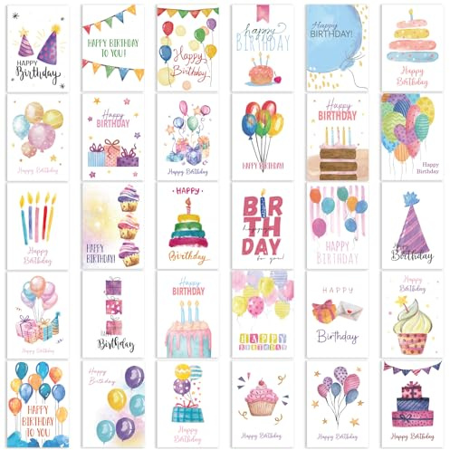 30 Aquarell-Geburtstagskarten mit Umschlägen, Happy Birthday Karten Multipack mit 30 einzigartigen Designs, sortiertes Geburtstagsgrußkarten-Set aus recyceltem weißem Kraftpapier, geeignet für alle
