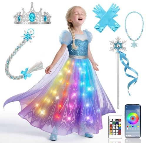 BLINGCOS Kostüm Mädchen, Musik Sync Prinzessin Kleid Kostüm, App-Steuerung, mit 6 Stück Zubehör für Halloween, Weihnachten, Karneval