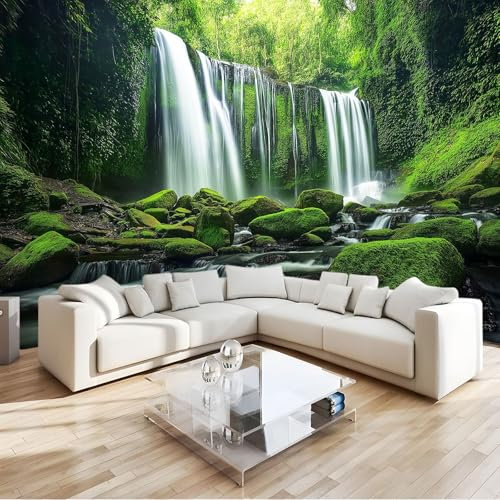 3D Panoramic Wallpaper Mural Forest Waterfall Scene 3D Wall Sticker Poster, Green Wallpaper Mural Photo W250 X H175 Cm for Living Room Kids Bedroom Sofa Backdrop Wall Decoration