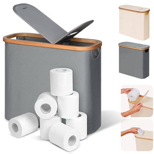 efluky 28 L 2-in-1 Boite Rangement Papier Toilette avec Couvercle, Bambou Panier à Papier Hygiénique Boite Rangement Salle de Bain, Corbeille Porte-Papier Toilette pour 9 à 12 Rouleaux, Gris
