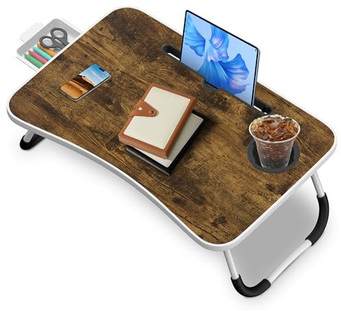 Soontrans Laptoptisch 60x40x28 cm, Laptop Tisch mit Schublade, Getränkehalter, Tablethalter, Klappbar, Betttisch für Bett und Sofa, Couch, Boden, Job, Betttablett Notebook (Dunkelbraun)