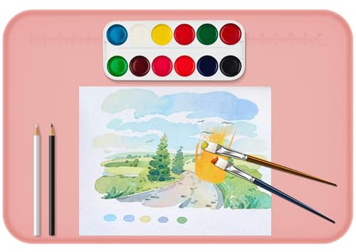 Silicone Craft Mat, 23.82×15.94 Silicone Craft Painting Mat,Non Slip Heat Resistant Kids Paint Crafts Mats with Raised Side for Painting Cutting Art Creation Clay and DIY Projects(Pink)