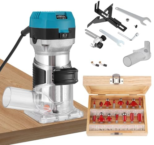 Palm Router Trimmer, 980W 33000Rpm Woodworking Hand Wood Trim Router with Dust Extractor, Trimmer Base,15Pcs 1/4(6.35mm) Router Bits Set, 6 Variable Speeds, Straight Guide, 6.35 & 8mm Bits Collets